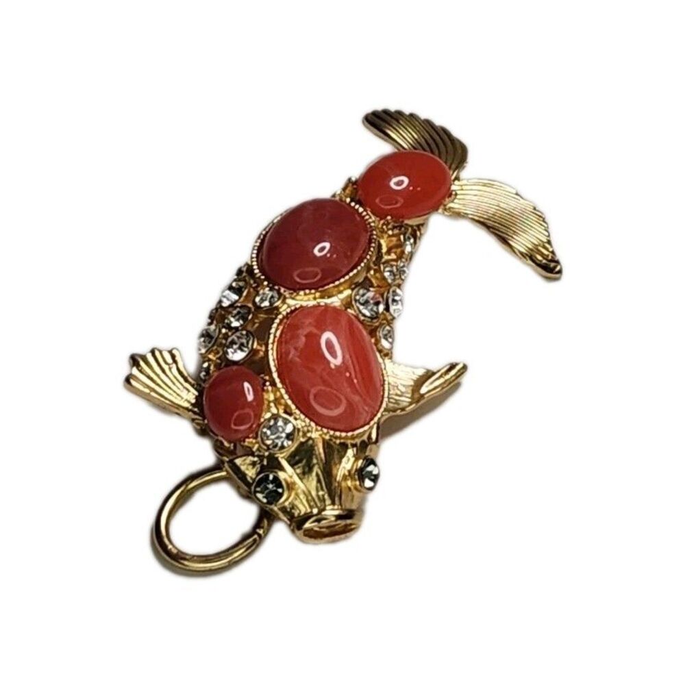 Original Chico's Carp Koi Fish Pendant /Brooch Gold Tone & Coral w/ Rhinestones